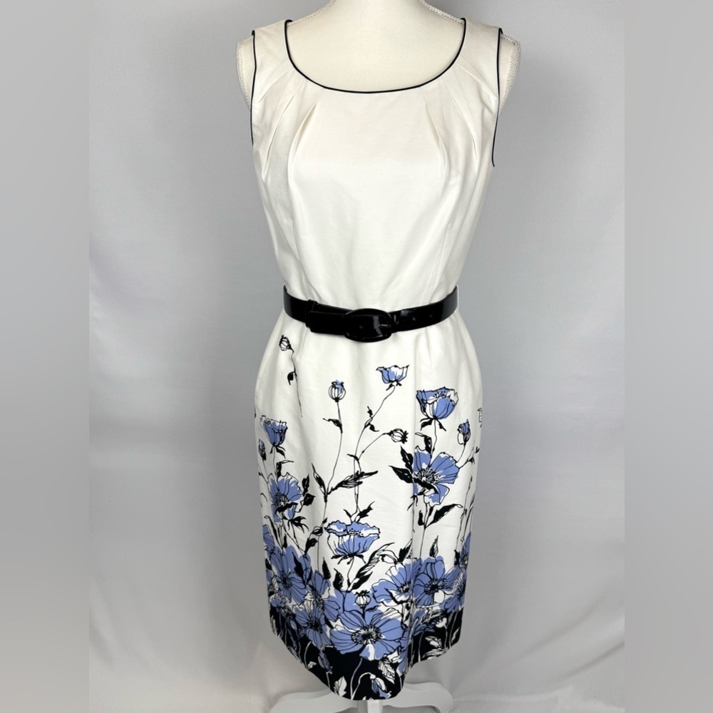 Tahari ASL Sheath Dress Sleeveless Belted Blue Black Floral Print Size 4 Retro